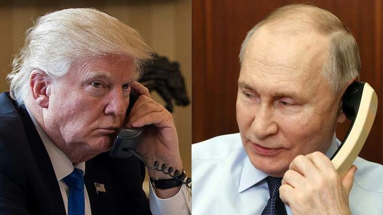 Fotomontagem mostra o presidente americano, Donald Trump (à esquerda) ao lado do presidente russo, Vladimir Putin. Os dois líderes conversaram por telefone nesta segunda-feira (19) sobre um acordo de cessar-fogo com a Ucrânia.